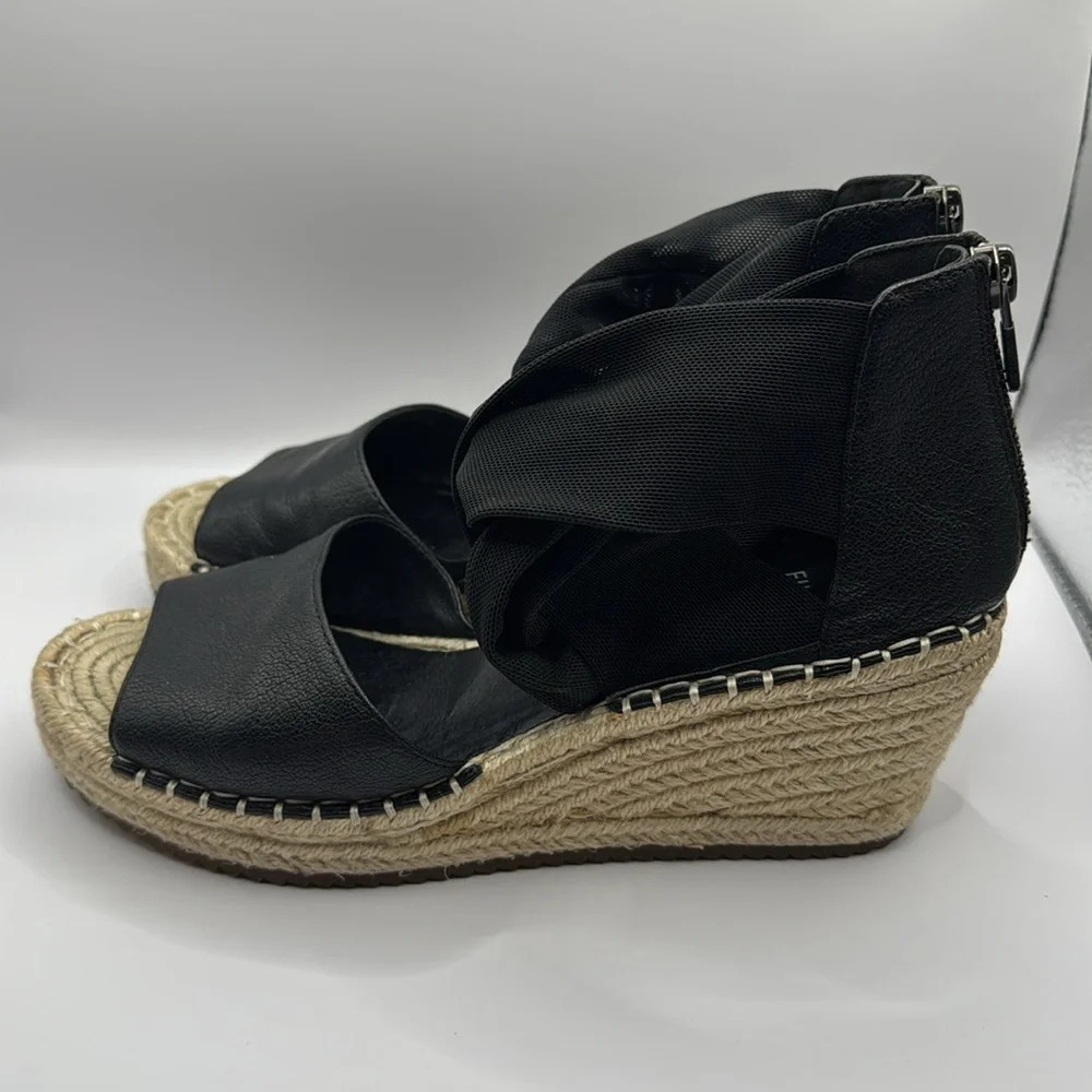 NWOB Eileen Fisher Wiley Black Leather Espadrille Wedge Sandals Size 7